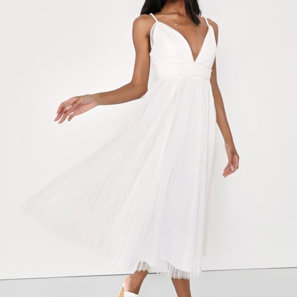 Lulus Sweet Goddess White Mesh Pleated Sleeveless Midi Dress - Size M